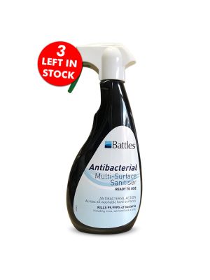 Antibacterial Surface Sanitiser comes in a 500ml spray bottle and kills 99,999% of bacteria 