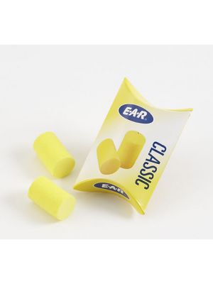 Ear Plugs in yellow and the packaging it comes in 