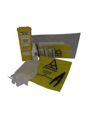 The Sharps needle collecting kit includes two pairs of disposable gloves, disinfectant spray, two pairs of disposable tweezers, sharps bin, two yellow self-seal clinical, waste bags, four antiseptic hand wipes, plus instruction on how to deal with needles