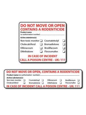 Warning labels are available in two different sizes; 105mm x 25mm and 76mm x 63mm